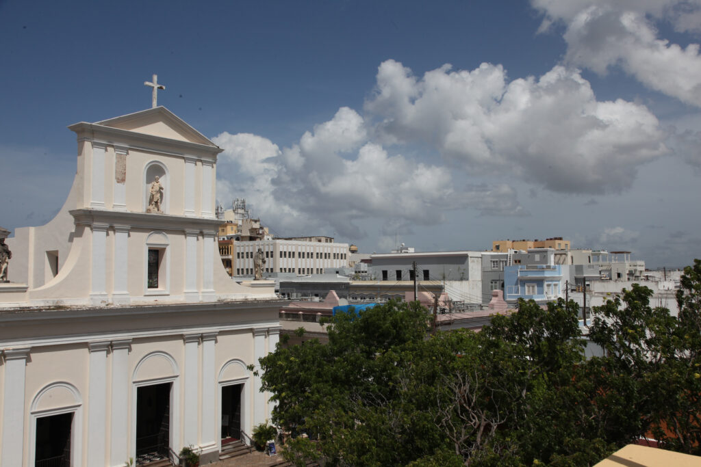 Cathedral in Old San Juan, blue skies, San Juan Puerto Rico. 