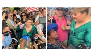 La gobernadora Jenniffer González comparte con el público tras la toma de posesión.