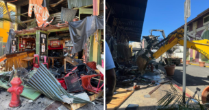 Escombros tras el incendio que afectó siete negocios en La Placita de Santurce.