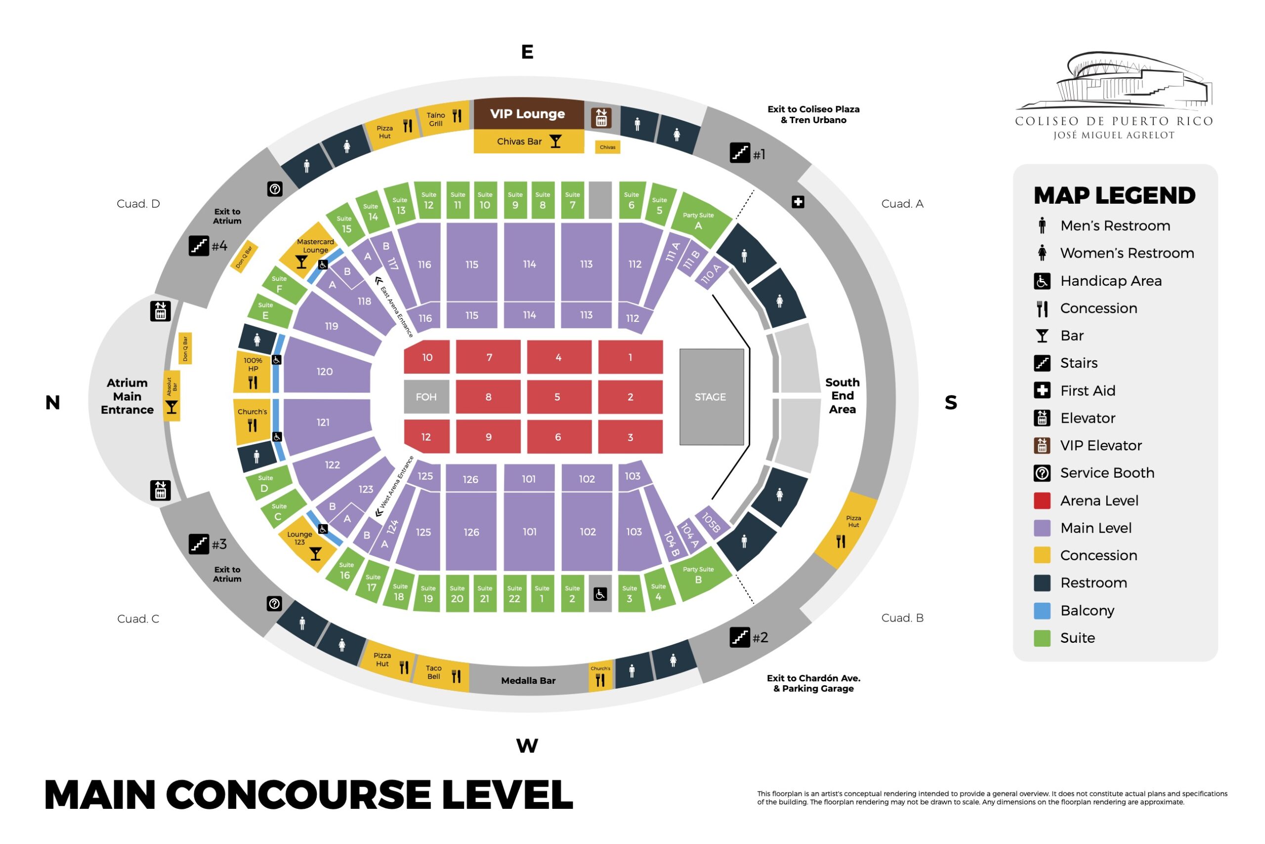 Mapa del nivel principal del Coliseo de Puerto Rico mostrando secciones, servicios y amenidades