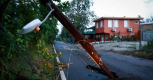 CABO ROJO, PUERTO RICO - SEPTEMBER 20: View of a downed electricity pole on September 20, 2022 in Cabo Rojo, Puerto Rico. Although little damage to the electrical grid was visible, over one million people are still withouth electricity two days after Hurricane Fiona struck this Caribbean nation. (Photo by Jose Jimenez/Getty Images)