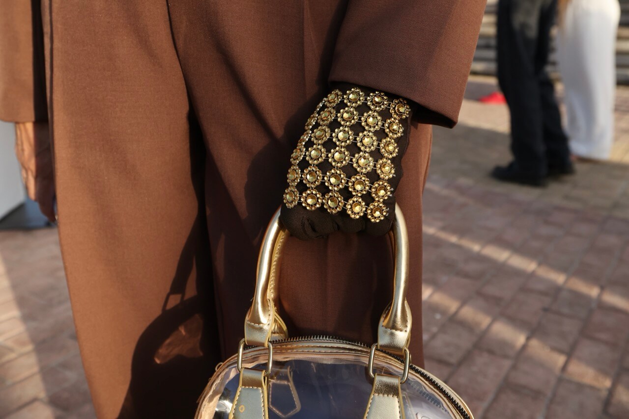 Detalle de la cartera traslúcida con detalles dorados