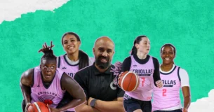 Jugadoras de las Criollas de Caguas y el dirigente Xavier Aponte.