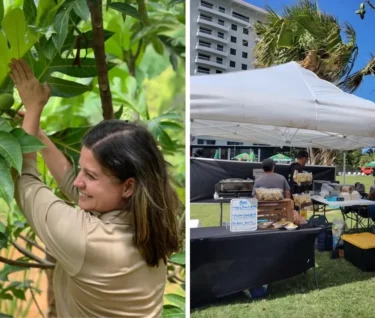A la izquierda, Marisol Villalobos, CEO de Amasar. A la derecha, negocio Mi Panapén ofreciendo productos en un mercado local. (Suministradas a PlateaPR)