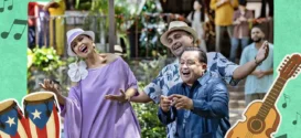 De izquierda a derecha, los trovadores Victoria Sanabria, Omar Santiago y Luis Daniel Colón “el eterno niño trovador” durante las grabaciones del Especial de Banco Popular. (Suministrada)