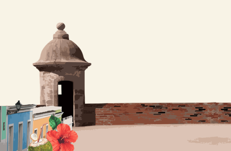 Ilustración de garita del Viejo San Juan con flor de amapola y coco - Fiestas de la Calle San Sebastián 2026