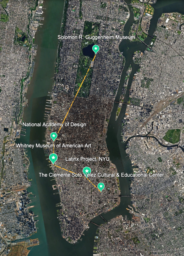 Mapa de instituciones en Nueva York donde trabajan o han colaborado las cinco mujeres puertorriqueñas